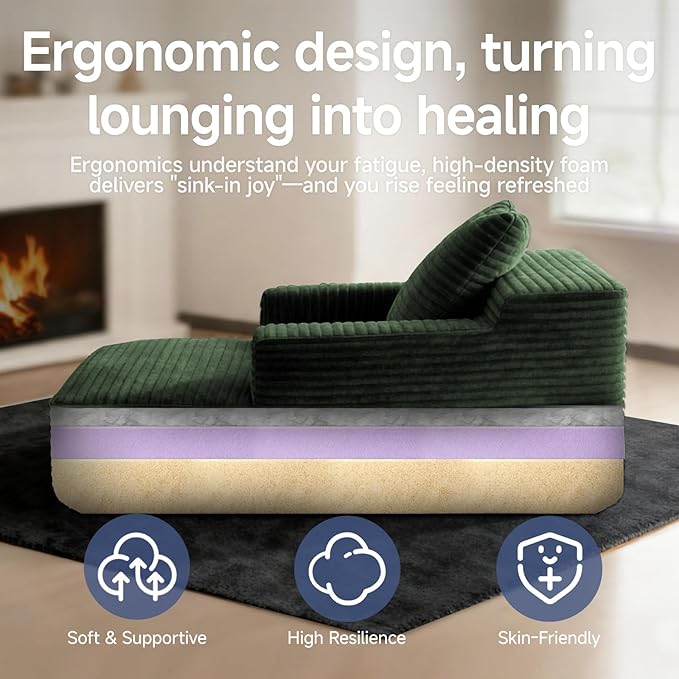 45'' Chaise Lounge Chair Indoor Corduroy Upholstered Boneless Sofa Bed Deep Seat Sleeper Couch Reading Chairs Small Comfy Cloud Sofas Couches for Living Room Bedroom Movie Room (Green)