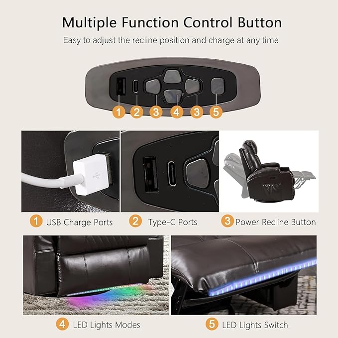 Power Swivel Rocker Recliner Chair with Vibration Massage 270° Swivel &amp LED Lights Electric Glider Reclining Sofa USB A/C Ports &amp Storage Pocket for Living Room (1 Brown)