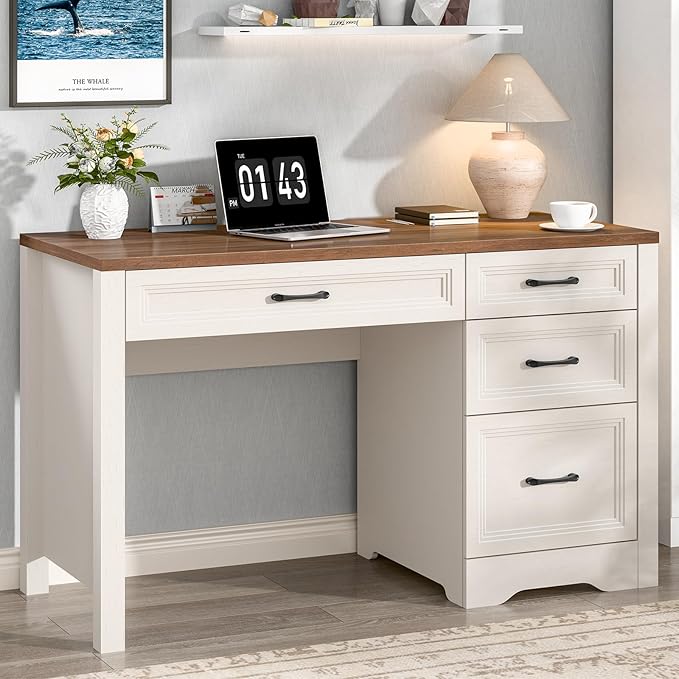 Vabches Farmhouse Executive Desk with Storage and Ample File Drawer Rustic Large Home Writing Desk for Bedroom White