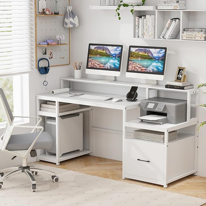 Tangkula Computer Desk with Power Outlets 66” Computer Workstation with Monitor Stand CPU Stand Printer Shelf &amp File Drawer Writing Table Gaming Desk for Home Office (White)