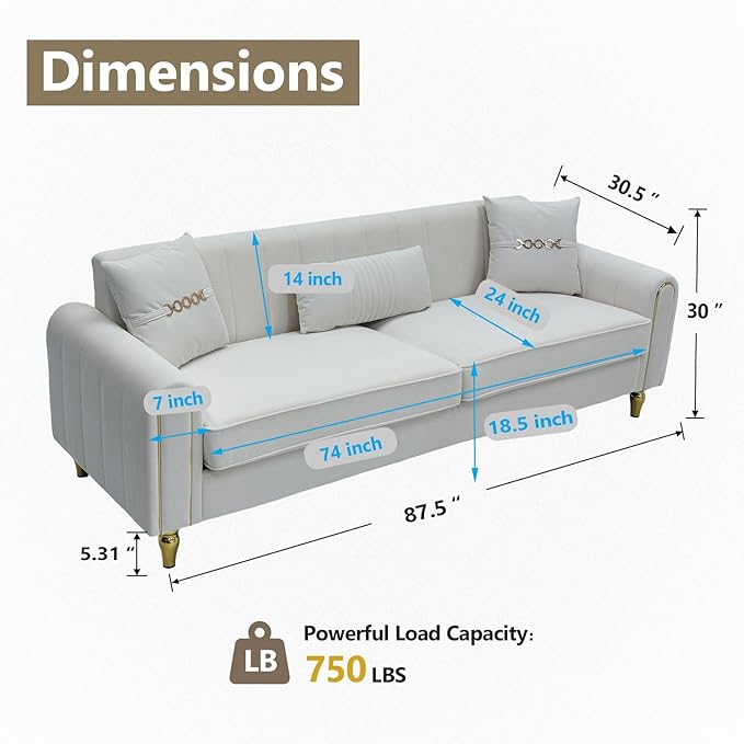 87.5 Modern 3-Seater Velvet Couch with Metal Legs &amp Decorative Pillows High Resilience Sponge Spring Seat Luxury Sectional Loveseat Sofa for Living Room Apartment Small Space Beige