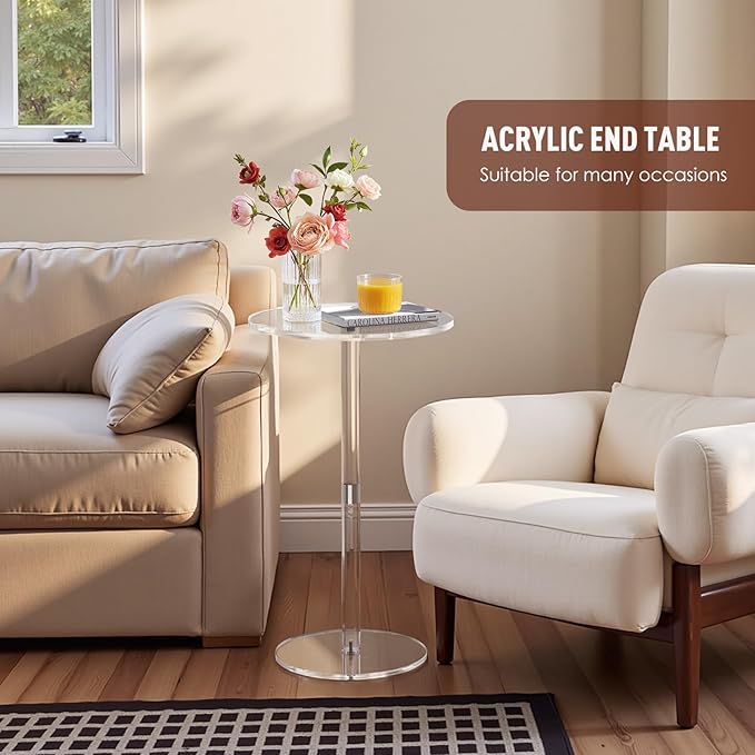 11.8 Round Clear Acrylic End Table - Modern Small Space Side Table for Living Room Bedroom Office Outdoor | Sturdy Easy to Install Multi-Purpose