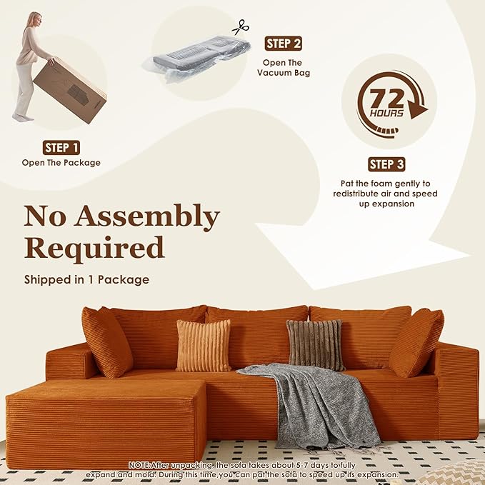 INGEROOM 108 Cloud Sectional Couch with Deep Seat Modular Sofa Memory Foam Boneless Sofa with Movable Ottoman Upholstered Couches for Living Room Bedroom No Assembly Required Orange
