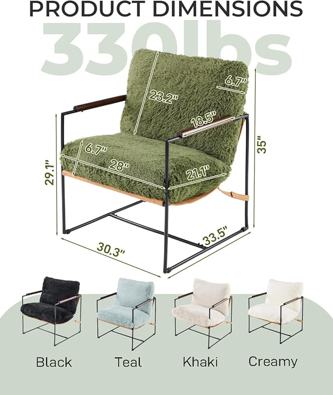 Karl home Modern Accent Chair Plush Fleece Upholstered Living Room Chair with Metal Frame Wooden Armrest Comfy Lounge Armchair for Living Room Bedroom Balcony Reading Room Green