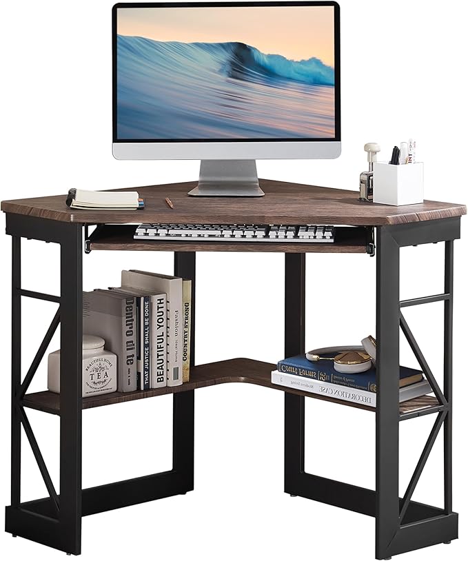 VECELO Corner Computer Desk 41 x 30 inches with Smooth Keyboard &amp Storage Shelves for Home Office WorkstationRustic Brown