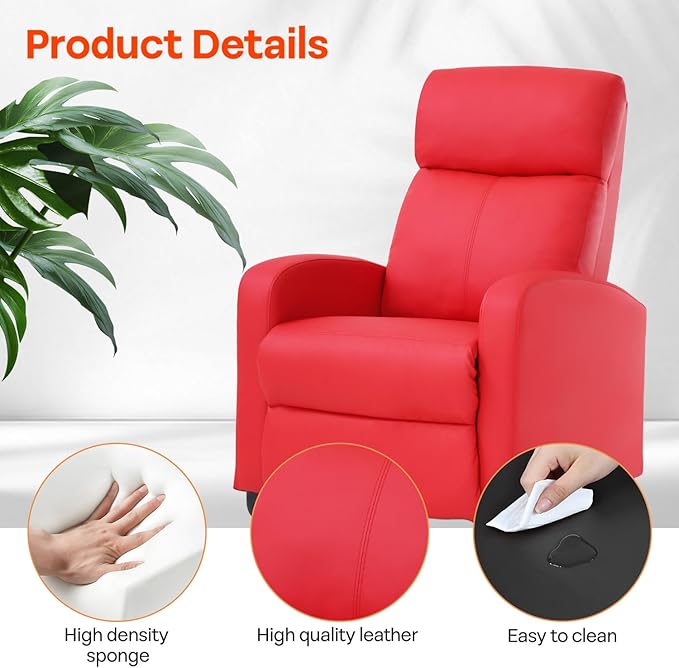 Recliner Chair PU Leather Massage Single Sofa Home Theater Seating Breathable Padded Reading Sofa with Footrest for Bedroom Living RoomRed