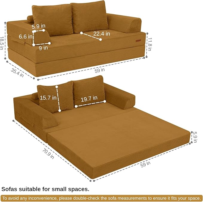 COMAX Convertible Sofa Bed Folding Floor Couch Corduroy Fold Out Couch Bed Futon Sleeper Mattress with Pillows Boneless Sofa Comfy Lounge Loveseat for Living Room Bedroom Yellow