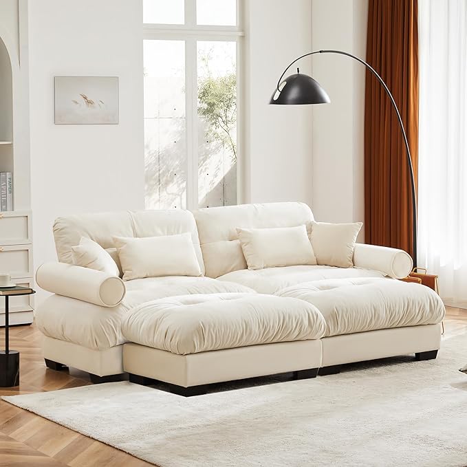 Oversized Modular Velvet Sectional Cloud Sofa Couch with Movable OttomanCorner Sofa with Comfortable Armrests Deep Seat Convertible L or U Shaped Couch (Beige 2 Seat +2 Ottoman)