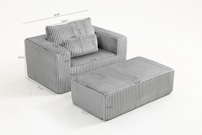 KEIKI Chaise Lounge Chair Indoor with Ottoman 62.6 D Oversized Sleeper Chair Corduroy Upholstered Comfy Sofa for Bedroom Living Room Office Grey