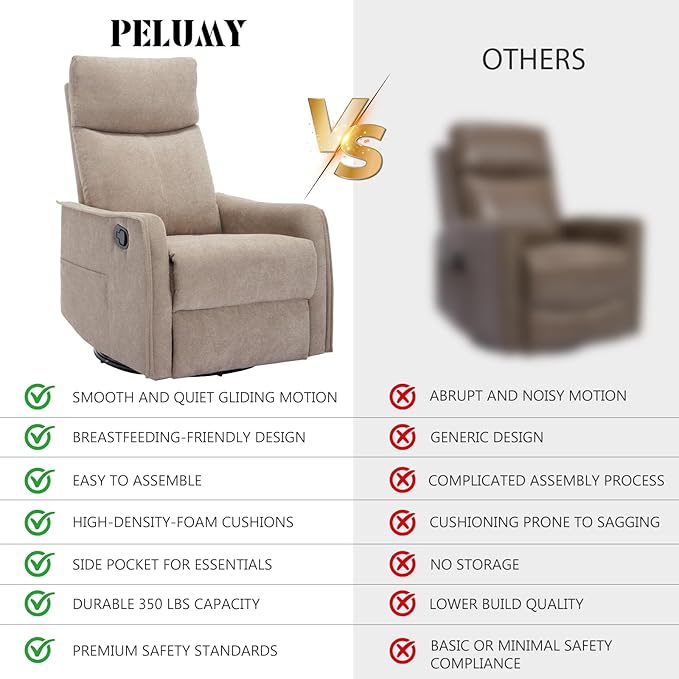 PELUMY 360 Swivel Rocking Recliner Chair for Adults Nursery Rocking Chair with Heat and Massage Glider Reclining Chair for Small Space Living Room Bedroom (Khaki)