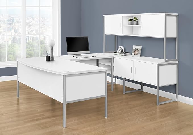Penau Contemporary 48Inch Computer Desk White Laminate Top Silver Metal Legs Modern Home Office Furniture