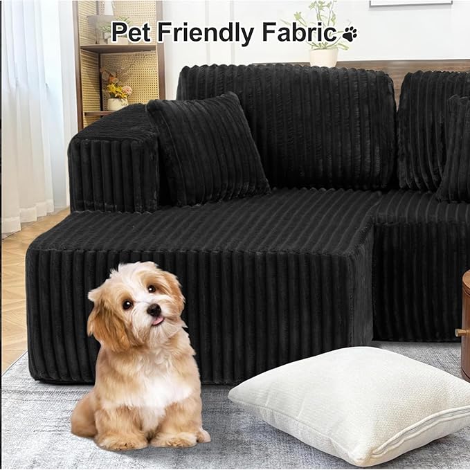 132 U Shaped Modular Sectional Sofa with Double Chaise Oversized Corduroy Floor Couch Deep Seat Frameless Living Room Set No Assembly Classic Black