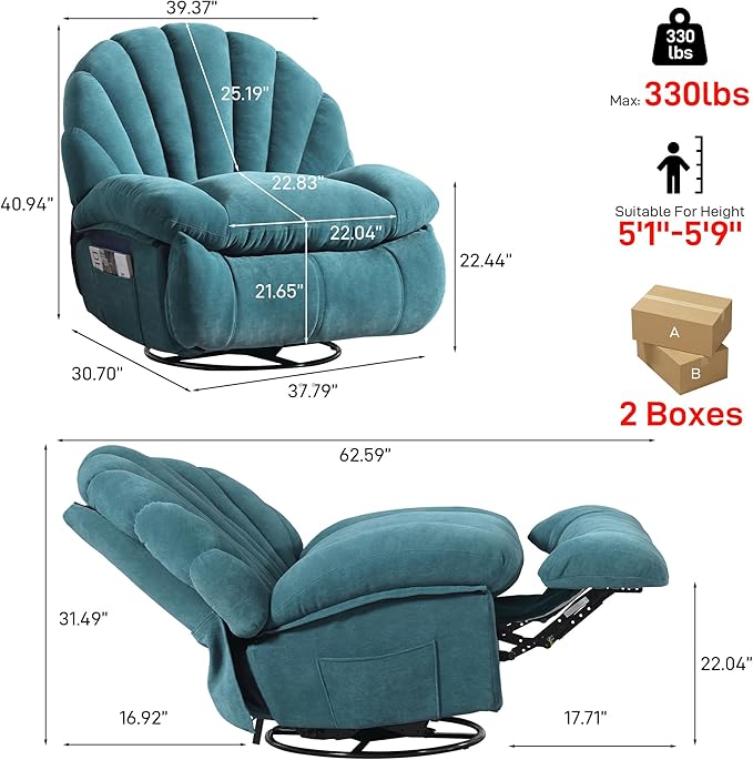 Swivel Rocker Recliner Chair – Shell Shape Manual Big Tall Single 360° Swivel Reclining Sofa with Storage Pockets | Small Space-Friendly for Living Room/Bedroom (NO Massage &amp Heat Green)