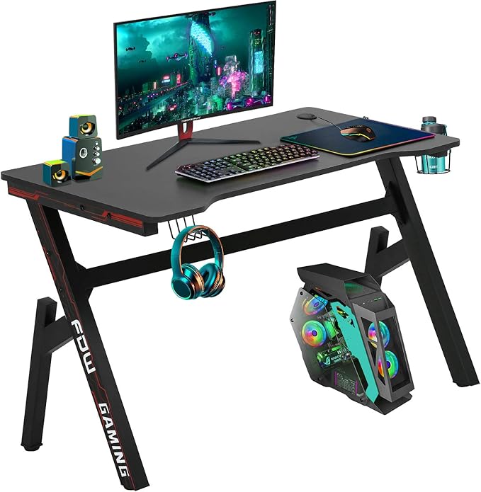 FDW Computer DeskGaming Desk 45.2 inches Student PC Desk Writing Desk Office Desk Extra Large Modern Ergonomic Racing Style Table Workstation Carbon Fiber Cup Holder Headphone Hook