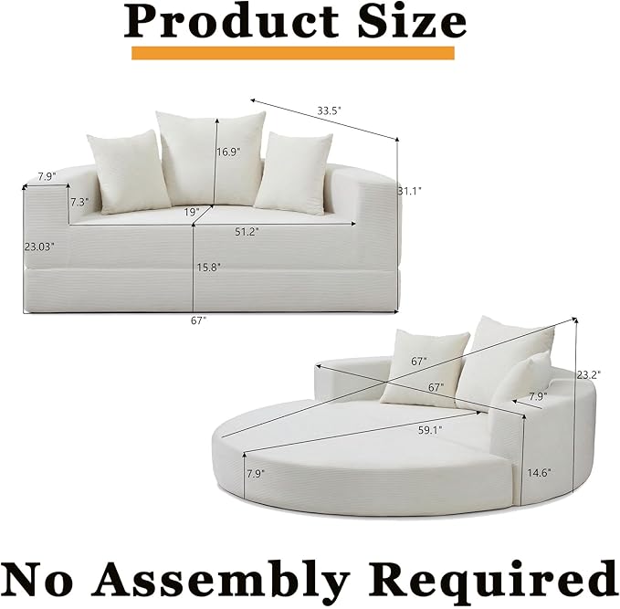 Beige Boneless Loveseat Couch - 67 Circular Convertible Sofa Bed No Assembly Corduroy Folding Floor Futon with Pillows for Small Spaces (Beige)