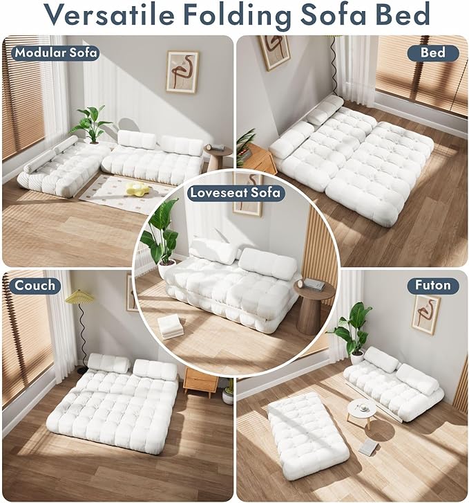 3-in-1 Convertible Sofa Bed 59.1 Folding Loveseat Sleeper Chair with Pillows Portable Fold Out Boneless Couch Lounge Comfy Velvet Floor Mattress for Living Room Bedroom - White Full