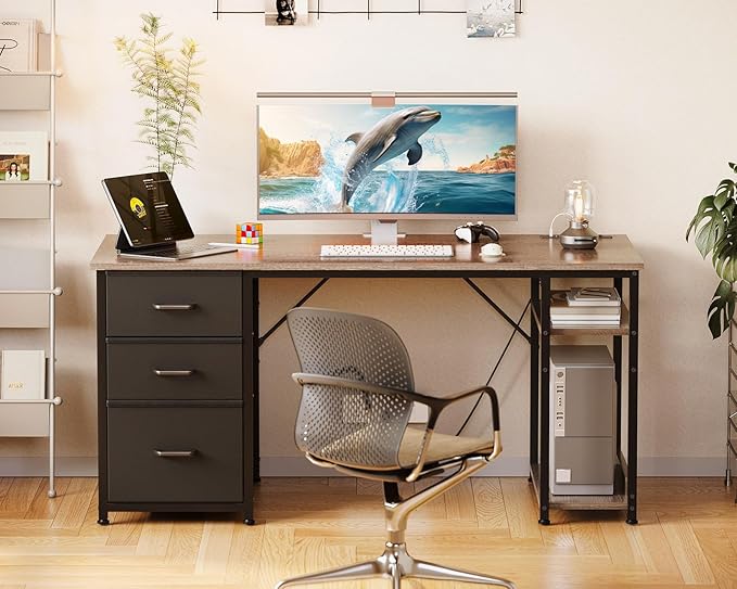 AODK 51 Inch Computer Desk with Fabric Drawers &amp USB Power Outlets - Reversible Home Office Desk with Storage Shelves Work from Home Modern Work/Writing/Study Table for Bedroom Grey Oak