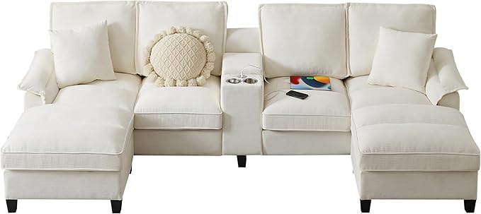 Ball &amp Cast 120 U-Shaped Sectional Couch with 2 Storage Chaise Footrest &amp 2 Throw Pillows4 Seat Corduroy Upholstered Modular Sofa W/2 Cup HoldersUSB Ports &amp Hidden Storage Box for Livin