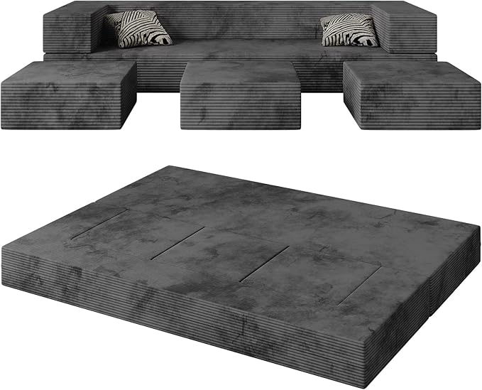 80'' Queen Convertible Floor Sofa Bed Velvet Folding Bed Couch with 3Ottomans Modular Sectional Floor Sofa Futon Sleeper Memory Foam Mattress for Guest/Living Room/PlayroomDeep Grey