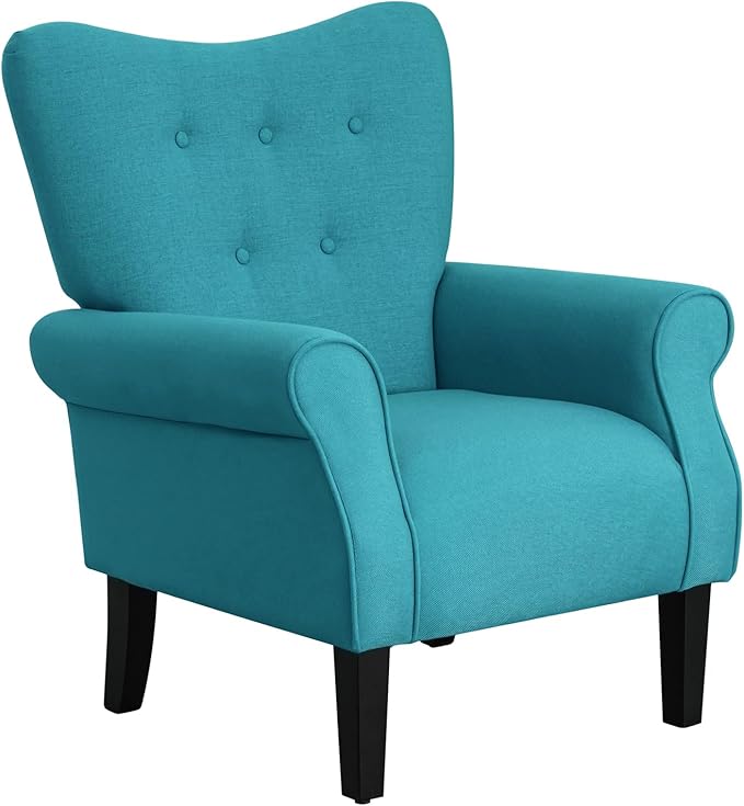 MELLCOM Mid Century Wingback Arm ChairModern Upholstered Fabric High Back Accent Chair with Wood LegsUpholstered Single Sofa Club Chair for Living Room Bedroom Home Office Teal