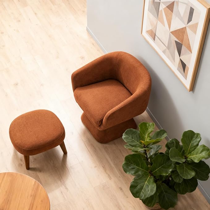 Swivel Barrel Chair and Ottoman Set 360 Degree Club Chair Comfy Boucle Armchair and Footstool Upholstered Accent Sofa Chair w/Footrest for Living Room Bedroom Reception Room Orange