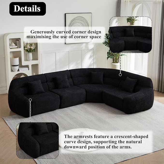 123 L-Shaped Corner Sectional Sofa with Curved Edge Modern Chenille Modular Cloud Couch High Back Oversized 4-Seater with 4 Pillows No Assembly Required Black