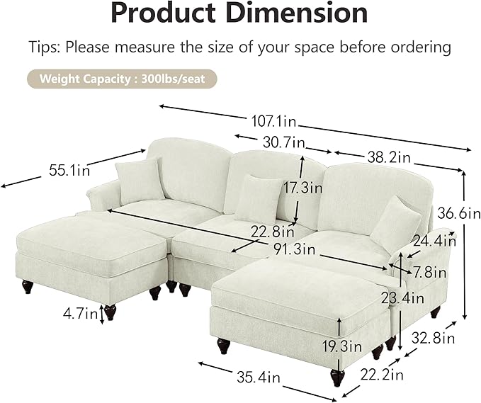 107'' Elegant U Shaped Chenille Mid Century Sectional Sofa Comfy Oversized 5 Seater Cloud Couch with Flared Arms and 2 Ottomans for Living Room