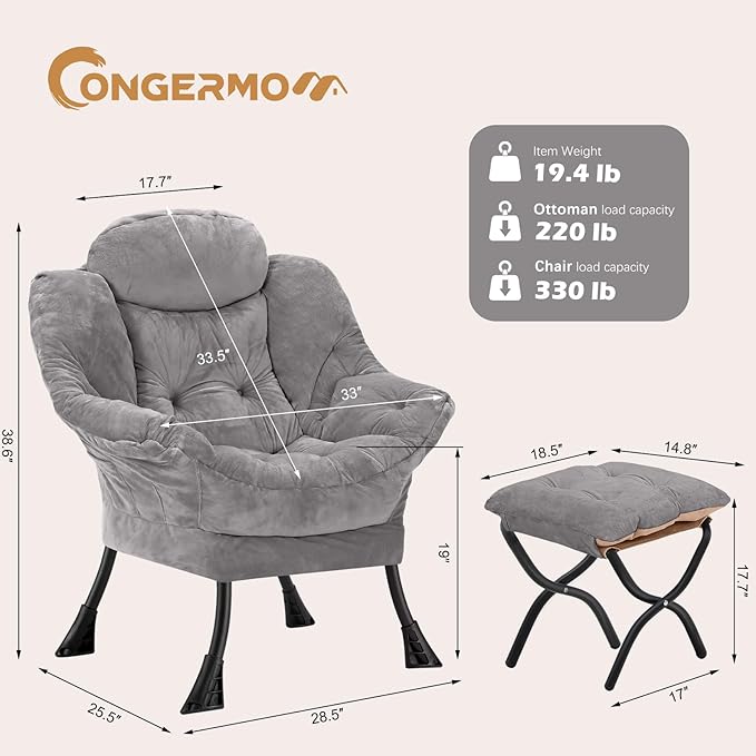 Lazy Chair with Folding OttomanLeisure Sofa ChairSoft Fabric Armchair with Armrests and Side Pockets Reading Chair with Footrest for Living Room Bedroom Office (Plush Light Grey)