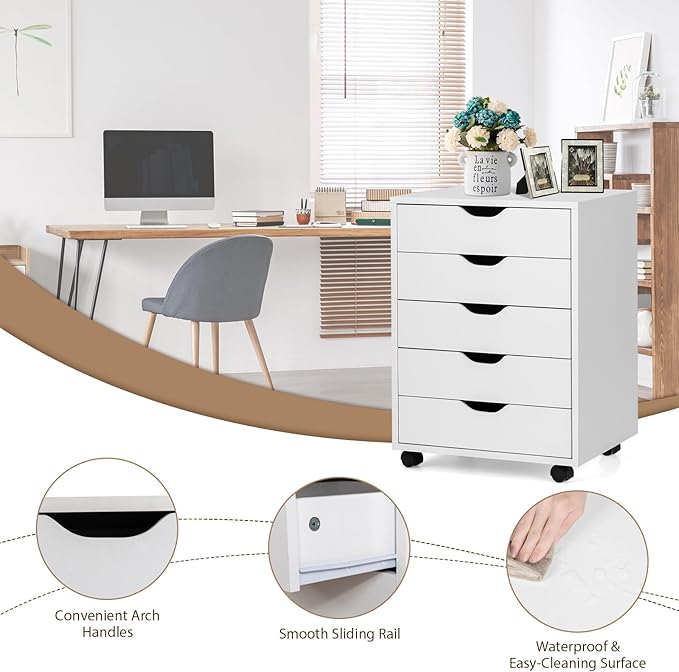 5 Drawers File Cabinet Vertical Filing Cabinet for Home Office Mobile Under Desk Office Storage Cabinet with Wheels Modern Chest of Drawers for Bedroom (White 5 Drawers)