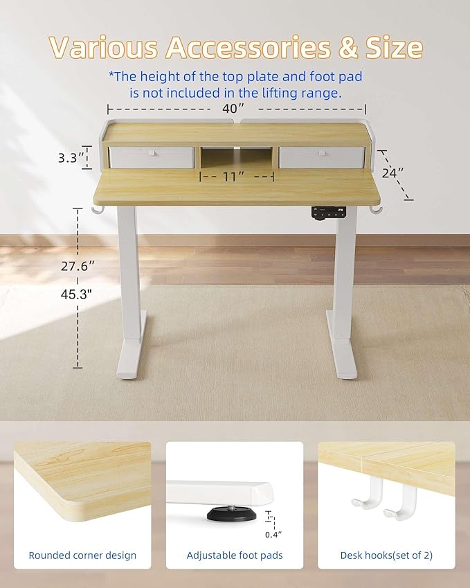 YIHAYO Electric Standing Desk with Drawers 40 x 24 Inches Adjustable Desk with Storage Shelf Stand Up Desk with Splice Board Computer Table for Home Office White Frame/Natural Top