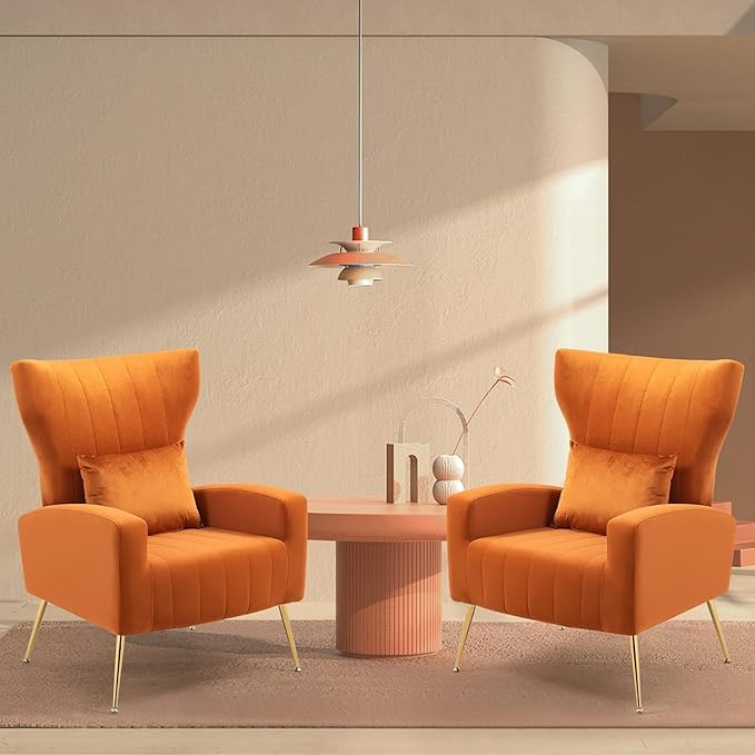 Modern Accent Chairs Set of 2 Wingback Chair with Arm &amp Gold Legs Living Room Bedroom Side Chair with Lumbar Pillow Velvet Upholstered Channel Tufted Orange