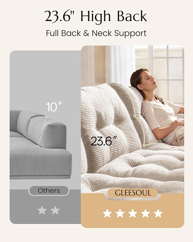 High Back Boneless Couch with 2-Pack Pillow Blankets U Shaped Modular Sectional Sofa with Ottoman Soft Corduroy Cloud Couch Tall Couches for Living Room No Assembly Warm White V2.0
