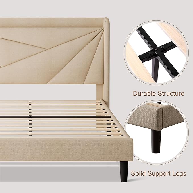 Full Size Upholstered Bed Frame with Charging Station Platform Bed Frame with Storage Headboard Solid Wood Slats Support No Box Spring Needed Beige
