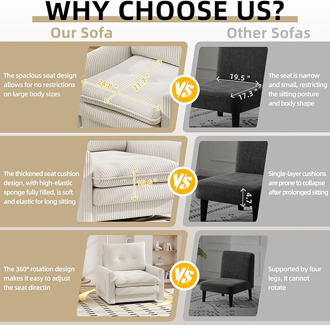 Cozy Swivel Accent Chair Modern Oversized Single Sofa with Armrest Comfy Upholstered Armchair Sofa Large Corduroy Accent Chair for Living Room Bedroom Reading Room Cream Beige
