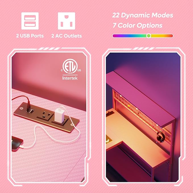 Bestier Gaming Desk 51 L-Shaped with Power Outlets &amp LED Lights- 4 Tier Shelves Reversible Gamer Table with Hooks &amp Cup Holder for Home Office Carbon Fiber Pink