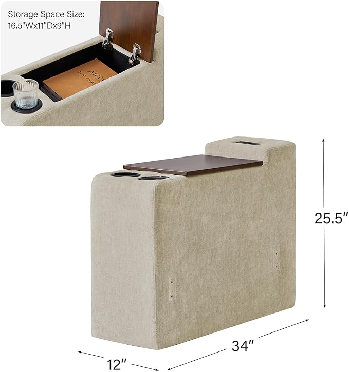 EcoHarbor Living Modular Sofa Center Console with Tabletop &amp Dual Charging Ports Multi-Functional Sectional Organizer tith Cup Holder &amp USB Charger for Customizable Sofa Configurations Beige