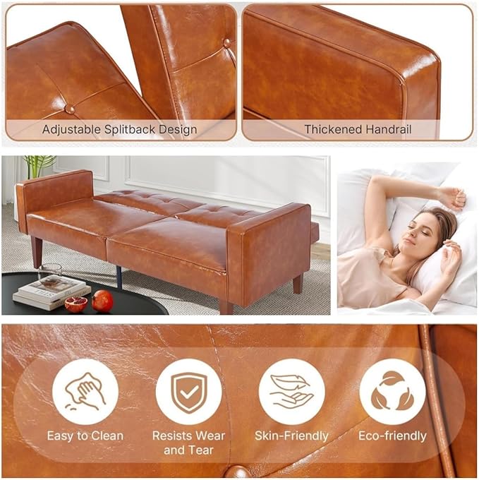 Adjustable Backrest Convertable Sofa Modern PU Leather 2-Seat Futon Sofa Convertible Faux Leather Sleeper Couch with Armrests Couch for Living Room Home Office Spaces