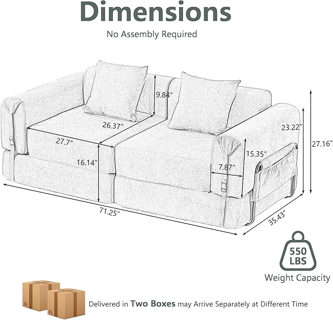 71'' Convertible Sofa Bed with Storage Pocket - Boneless Loveseat with Fixed-Shape Frame - Loveseat Sofa Bed with Pillow Support Folding Couch for Living Room Office Bedroom (Green)