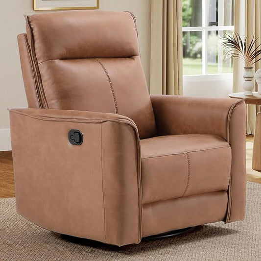 EBELLO Swivel Rocker Glider Chair Nursing Swivel Glider Rocking Recliners with Overstuffed Backrest Faux Leather Manual Reclining Sofa for Living Room Bedroom Apartment Brown