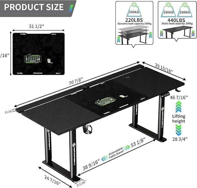 71 x 30 Gaming Standing Desk 4-Leg Electric Height Adjustable Sit to Stand Desk with LED Light and Locking Wheels Flip-Top Design Ergonomic Computer Desk Carbon Fiber Texture