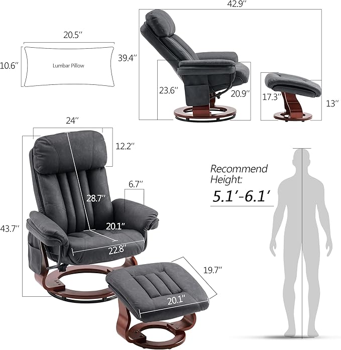 MCombo Swivel Recliner with Ottoman Chenille Fabric TV Chair with Vibration Massage Ideal for RV Small Space Living Room &amp Bedroom 4999 (Faux Leather Dark Grey)
