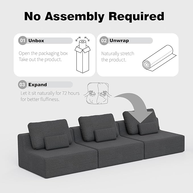 Modular Oversized Boneless Sectional Sofa - Convertible Compressed Couch Set Luxury Deep Foam Seat Free Combination &amp 3 Colors for Living Room (Grey 1 Seater)