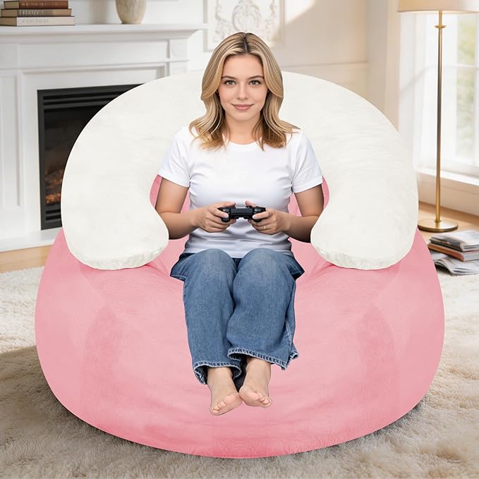 HABUTWAY Giant Bean Bag Chair Oversized Beanbag Chair with Filler Ultra Soft Faux Fur Bean Bag Lounge Floor Sofa w/U-Shaped Pillow for Gaming Reading Pink &amp Beige
