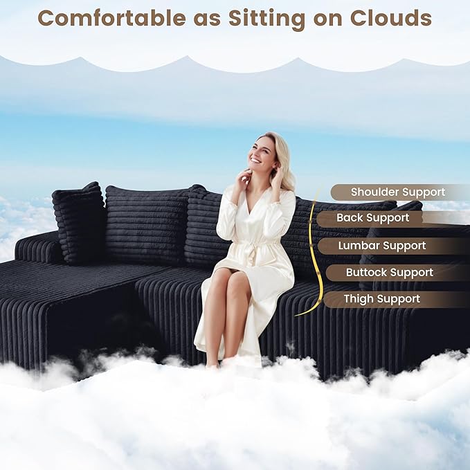 Cloud Couch Upholstered Cloud Sofa Sectional Couch with L Shape Chaise Fluffy Comfy Boneless Couch with Deep Seat &amp Throw Pillows Cloud Couches for Living Room No Assembly Required Black