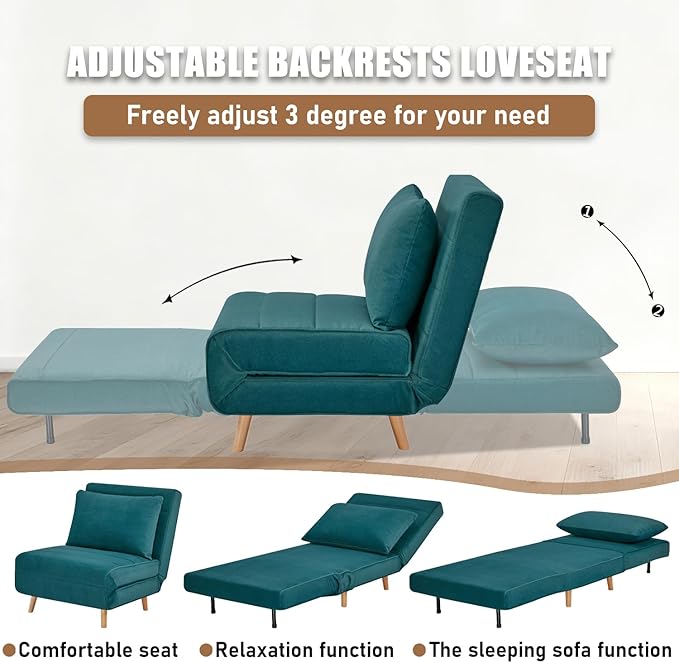 3 in 1 Sleeper Chair Bed Foldable Convertible Chair with Thickened Cushion and Sponge OTE Chenille Fabric Adjustable Backrest Upholstered Accent Sofa for Apartment/Bedroom/Office - Peacock Blue