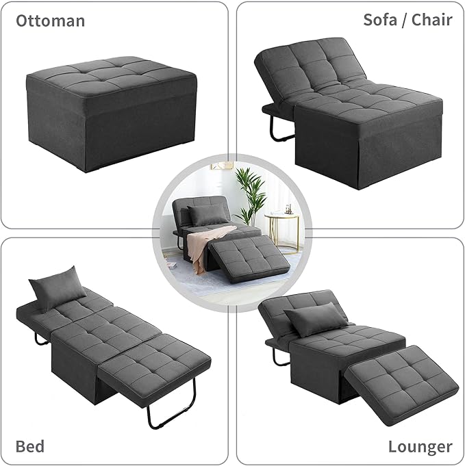 BIGSYY Sofa Bed Set of 4 in 1 Multi-Function Folding Ottoman Breathable Linen Couch Bed with Adjustable Backrest Modern Convertible Chair for Living Room Apartment Office Dark Grey