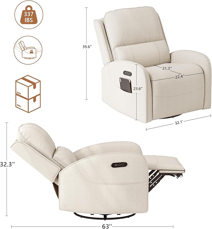 iPormis Power Recliner Chair for Adults Comfy Linen Fabric Swivel Rocking Recliner with Power Headrest/Lumbar Support/Charging Ports Electric Recliner Single Sofa Chairfor Living Room/Bedroom White