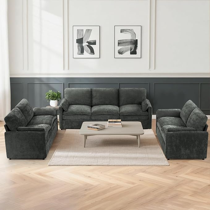 3 Pieces Chenille Sofa Set w/Arm Pillows Upholstered 2 Pieces Loveseat &amp 3 Seater Sofa w/Comfortable Back Cushions Modern 2-Seat &amp 3-Seat w/High-Density Foam for Living Room Grey
