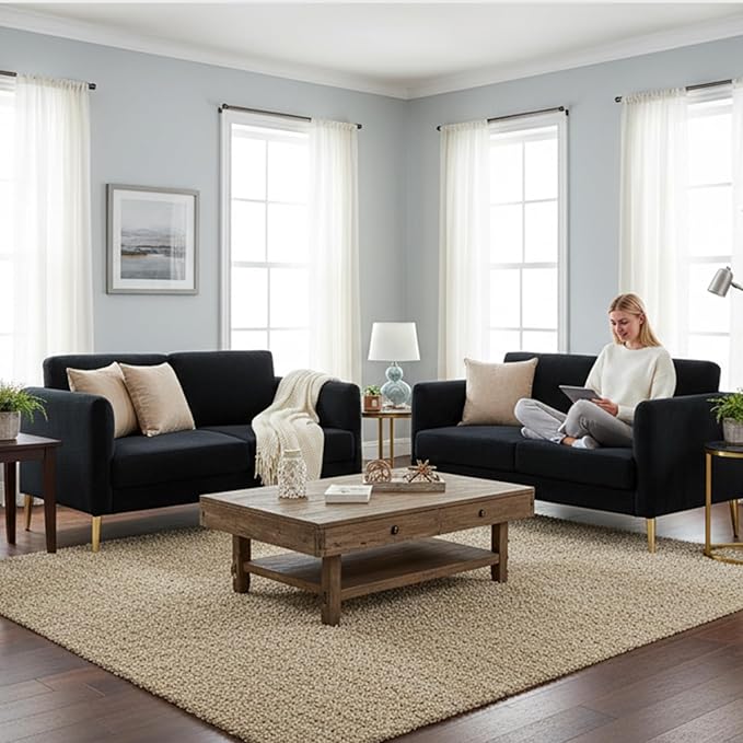 60 Black Modern Corduroy Loveseat Couch Plush Cloud Upholstered Cushions Mini Sofa 2-Seater Love Seat for Compact Small Space Living Room and Apartment Office Furniture Couche (60 Black)
