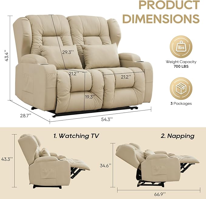 IPKIG 54 Loveseat Recliner Sofa - 2 Seater Reclining Sofa with Side Pockets Cup Holders Lumbar Pillows Manual Recliner (Beige 54 Loveseat)